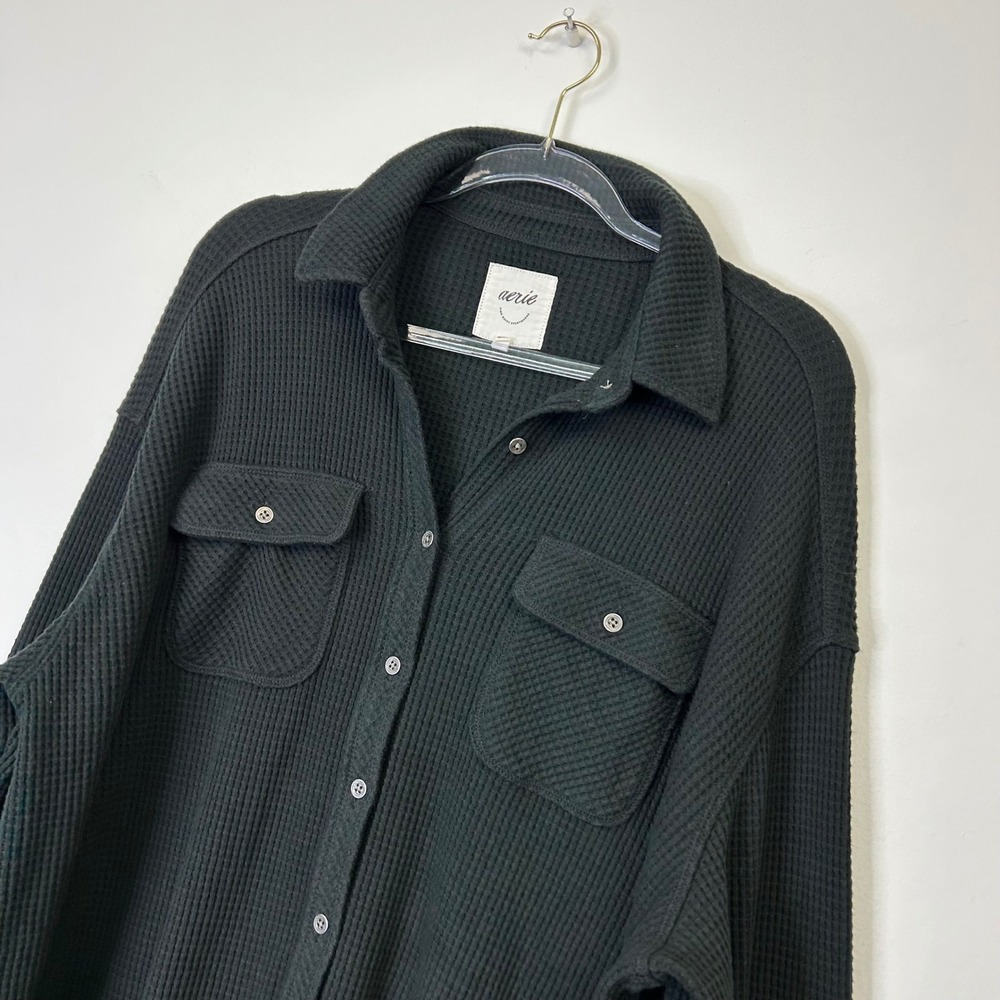 Aerie Lumberjane Waffle Knit Button Up Shirt Top Women's Medium Black Oversized - Picture 2 of 9